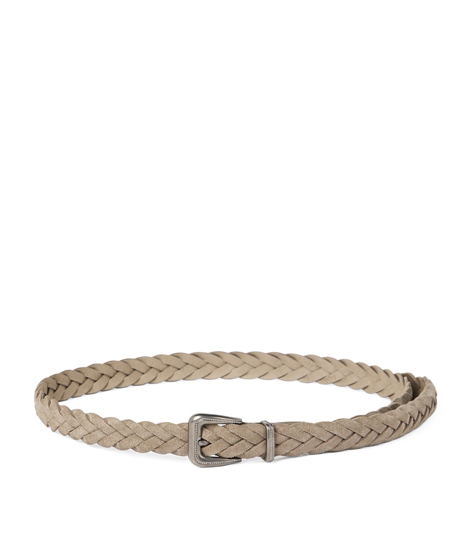 Brunello Cucinelli leather braided belt silver-tone buckle, UK version
