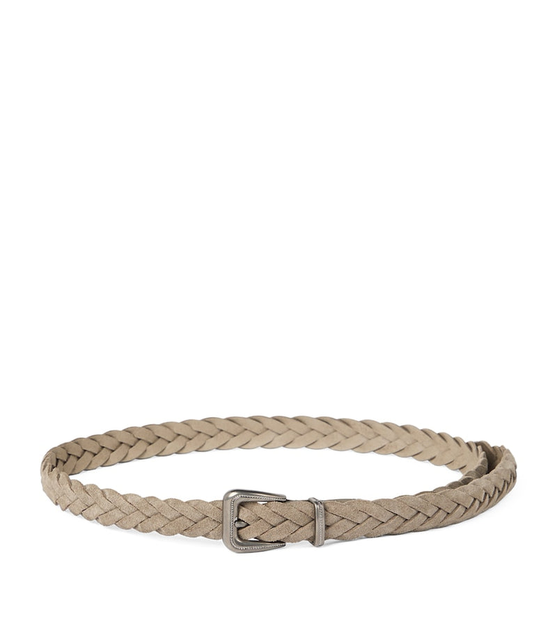 Brunello Cucinelli leather braided belt silver-tone buckle, UK version