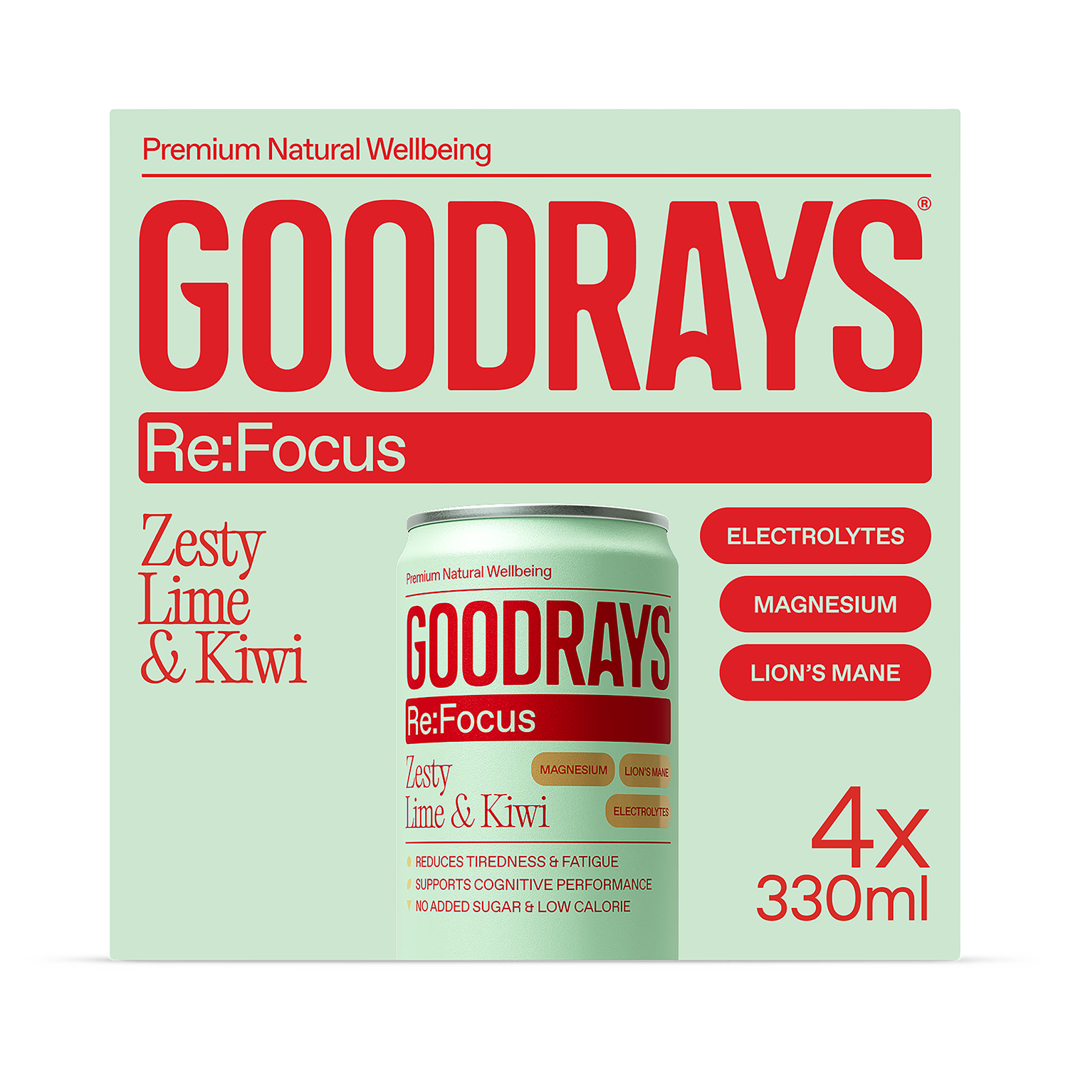 Goodrays Re:Focus functional drink lime & kiwi 4x330ml, UK version
