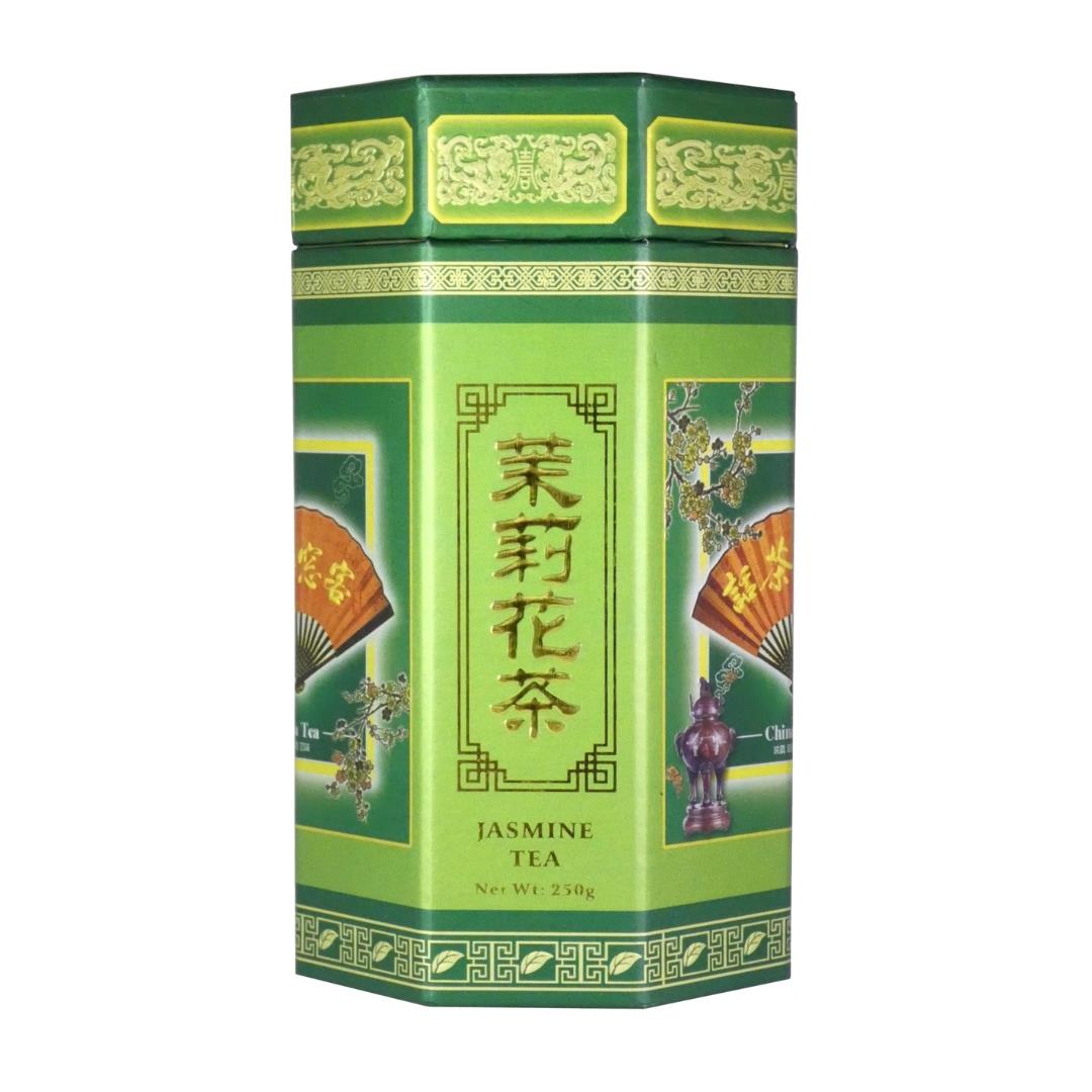 BBJ jasmine tea caddy with green tea leaves, imported from the UK