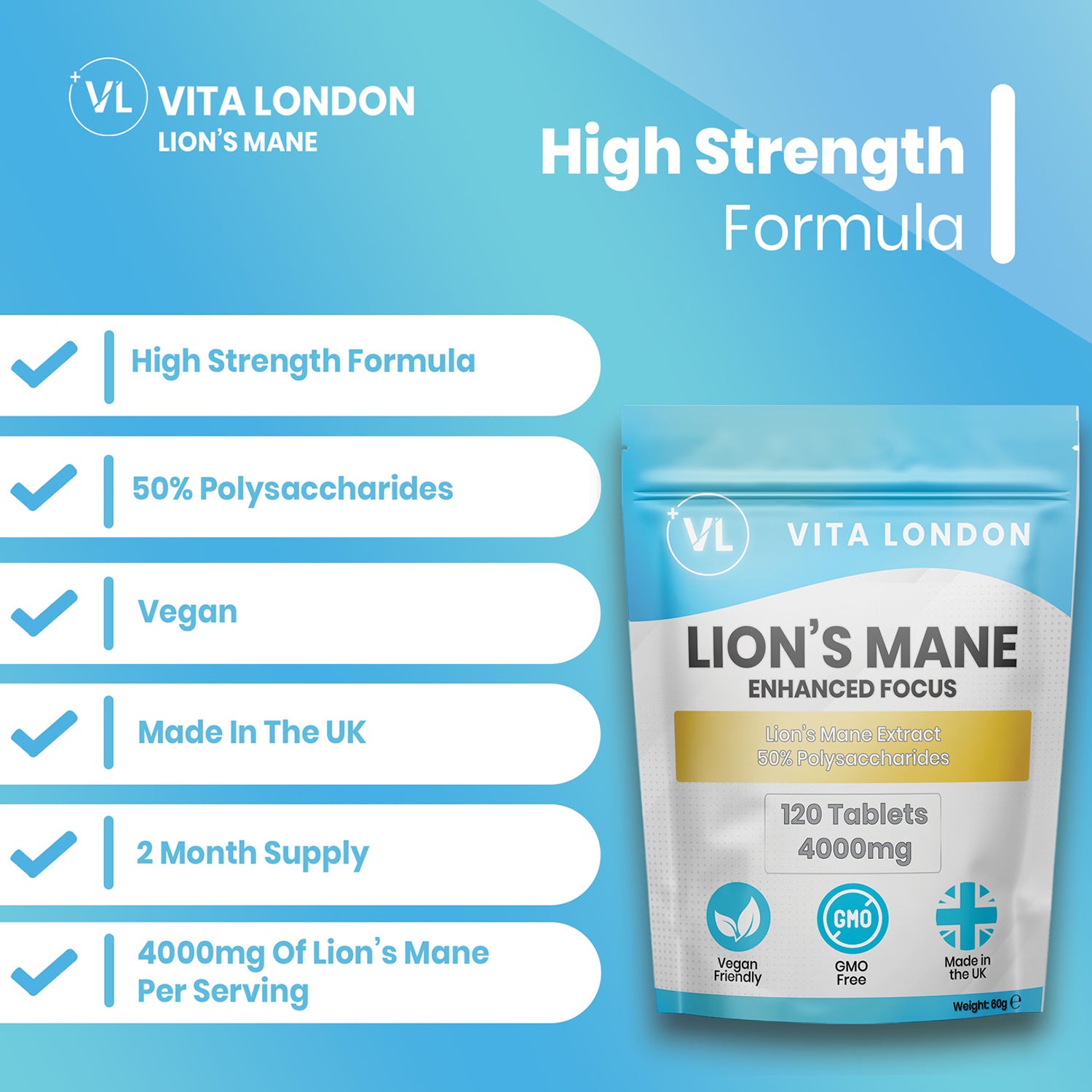 Lion's Mane 4000mg mushroom supplement 120 tablets - British product