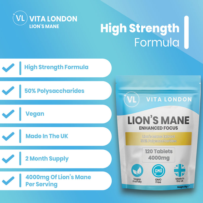 Lion's Mane 4000mg mushroom supplement 120 tablets - British product