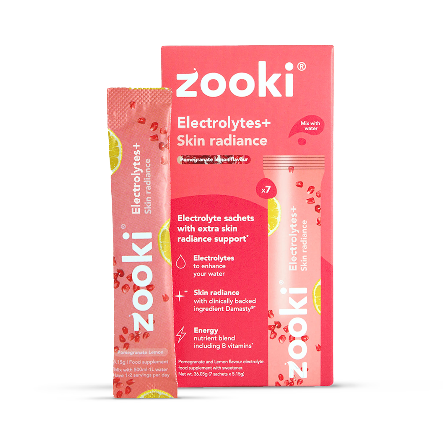 Zooki Electrolytes+ Skin Radiance pomegranate flavour 7 sachets - British product