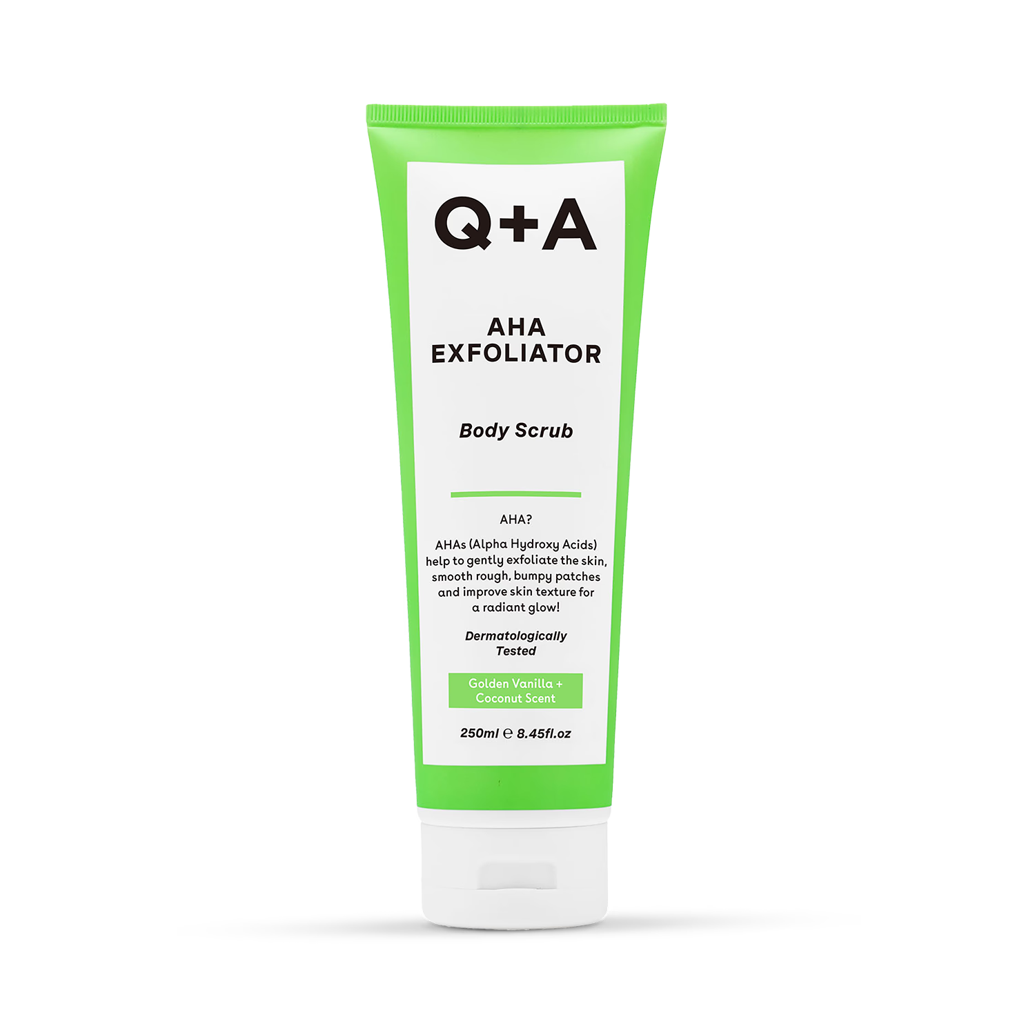 Q+A AHA Body Scrub Vanilla Coconut 250ml, imported from the UK