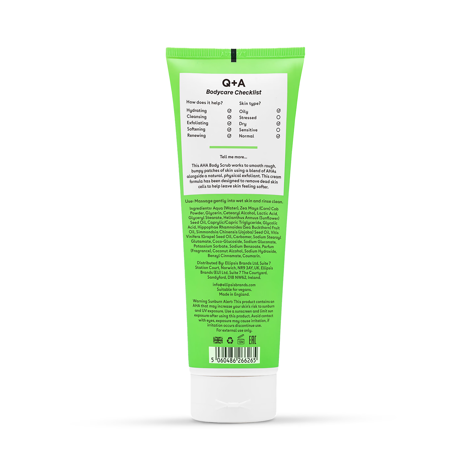 Q+A AHA Body Scrub Vanilla Coconut 250ml, imported from the UK