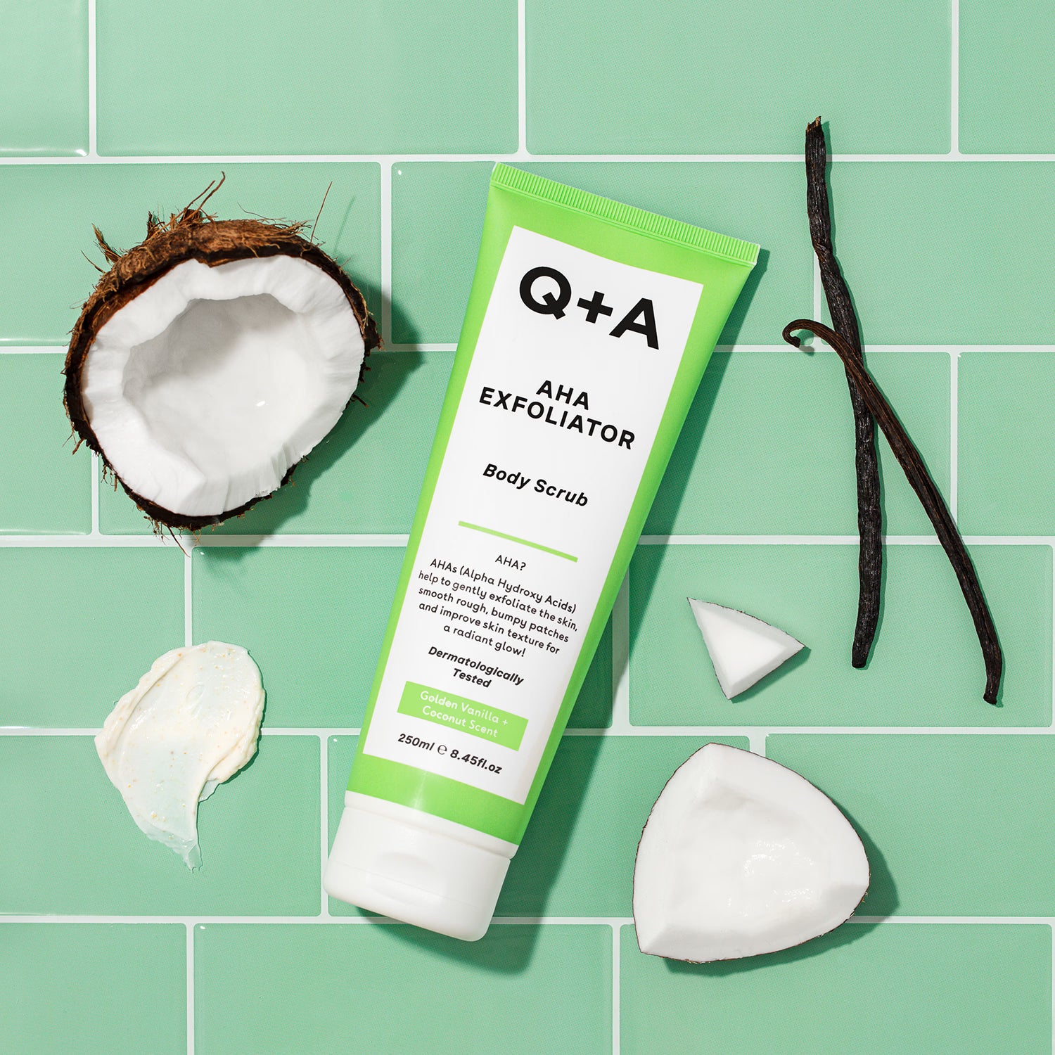 Q+A AHA Body Scrub Vanilla Coconut 250ml, imported from the UK