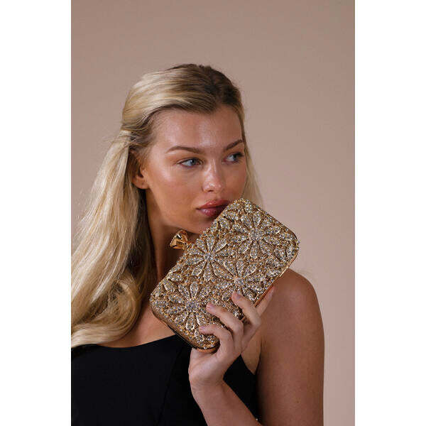 SVNX Daisy Embellished Clutch Bag gold, imported from the UK