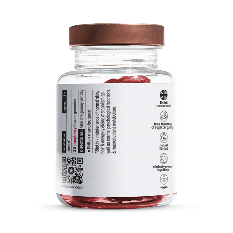 Starpowa Biotin 10,000g raspberry gummies 30 count, imported from the UK