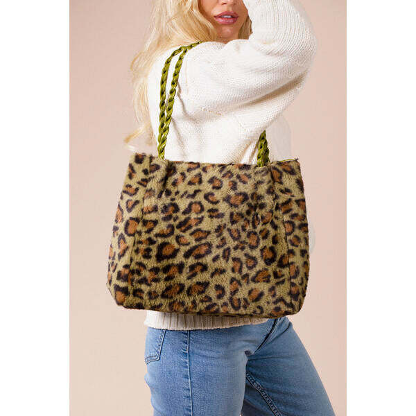 SVNX Leopard Faux Fur Tote Bag Olive (British brand)