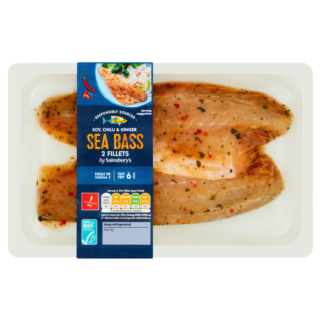 Sainsbury's Sea Bass Fillets ASC with Soy, Chilli and Ginger x2 205g