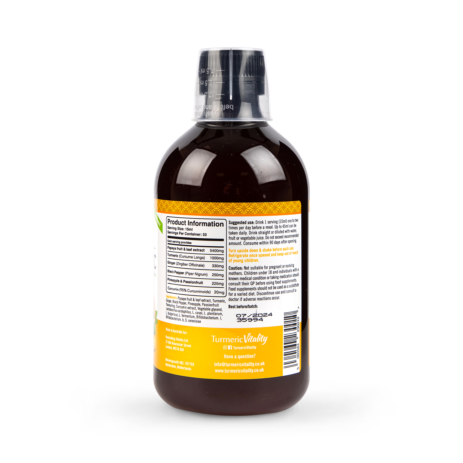 Bio-Fermented Turmeric Liquid Pineapple Passion Flavour 500ml (British brand)