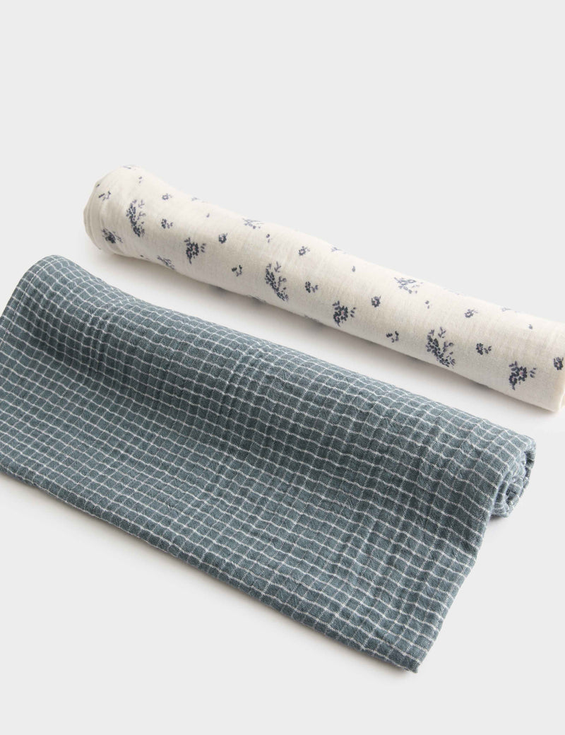 Muslin squares 2 pack pure cotton floral and checked (British brand)