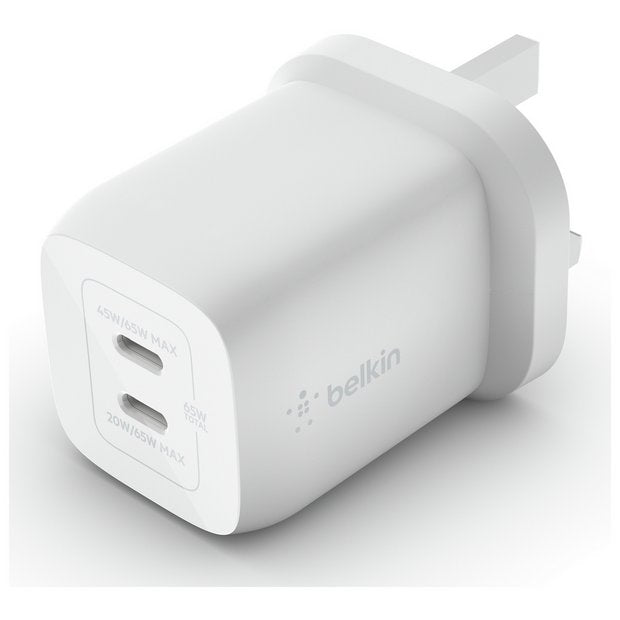 Belkin 65W GaN dual USB-C wall charger white (British brand)