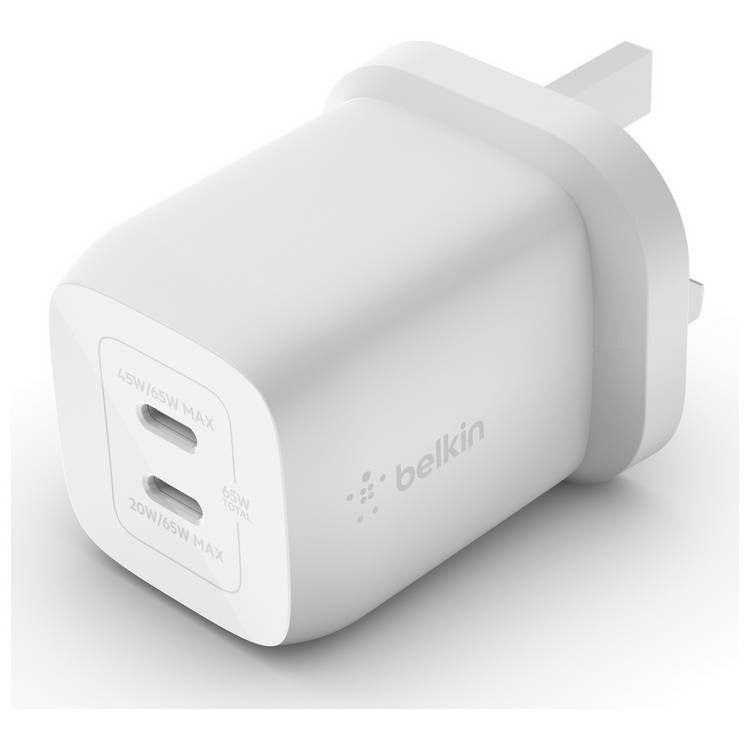 Belkin 65W GaN dual USB-C wall charger white (British brand)