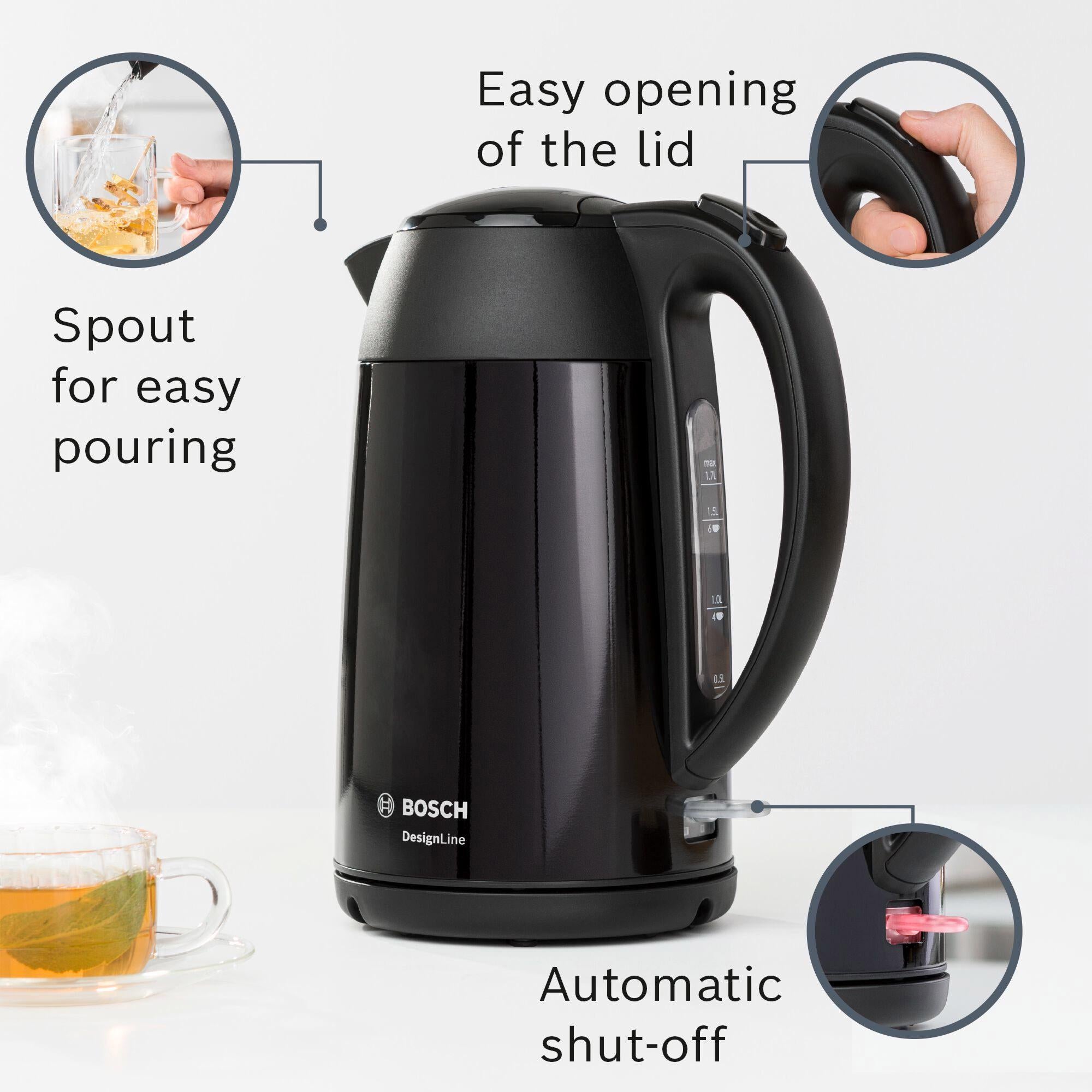 Bosch cordless kettle stainless steel 1.7L black (British brand)
