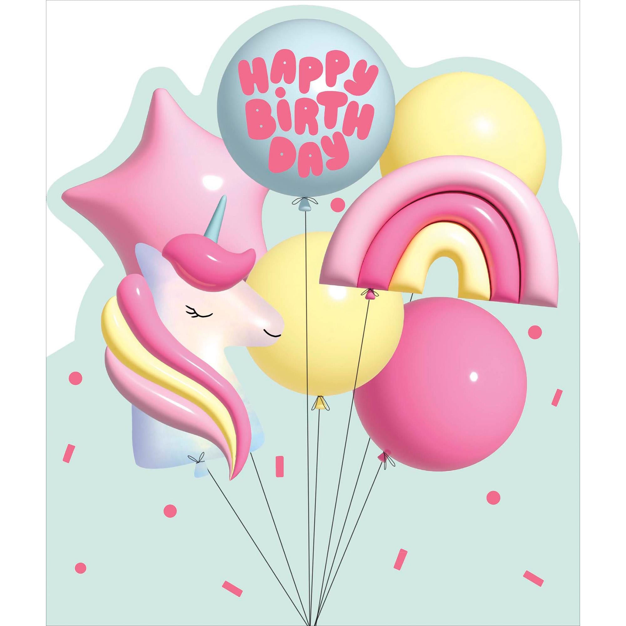 Sainsbury's Happy Birthday greeting card unicorn rainbow balloons pink yellow, UK version