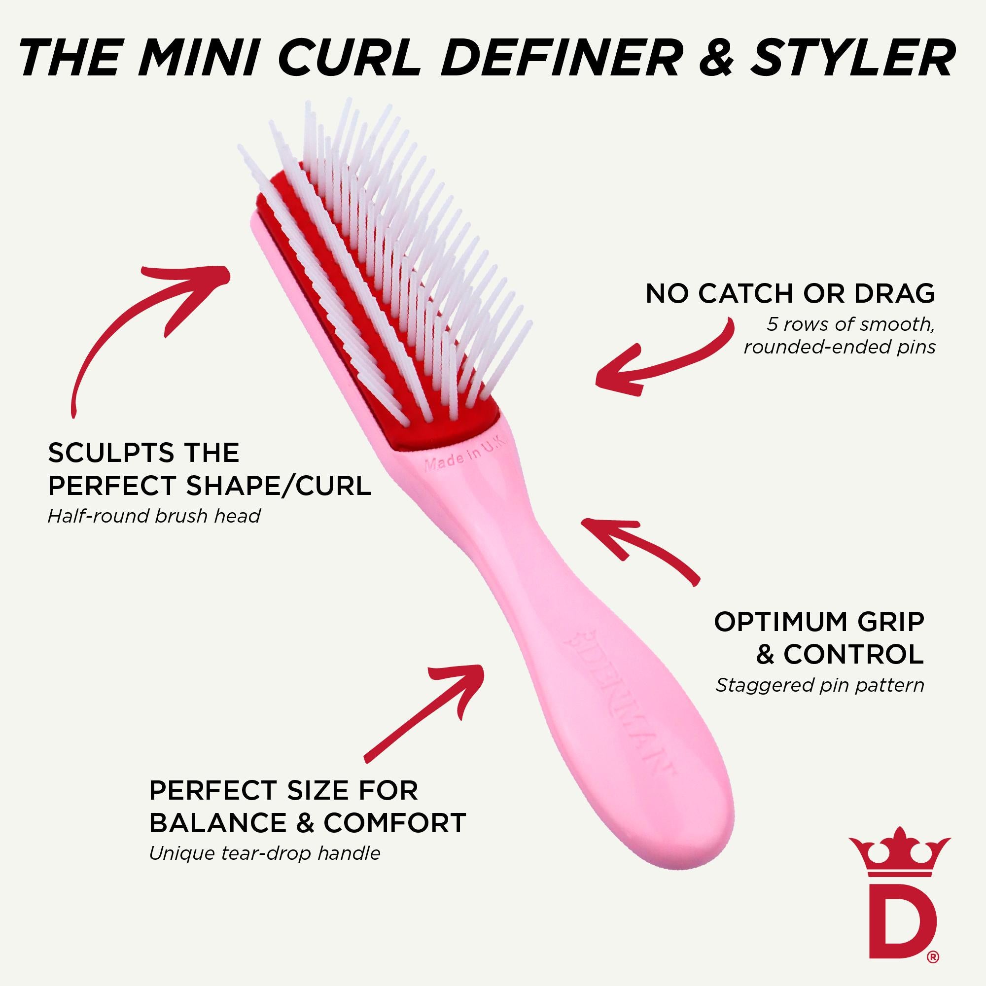 Denman D14 mini curl definer Pink Crush 5-row hairbrush, imported from the UK