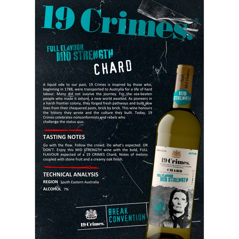 19 Crimes Chardonnay mid strength white wine - British product