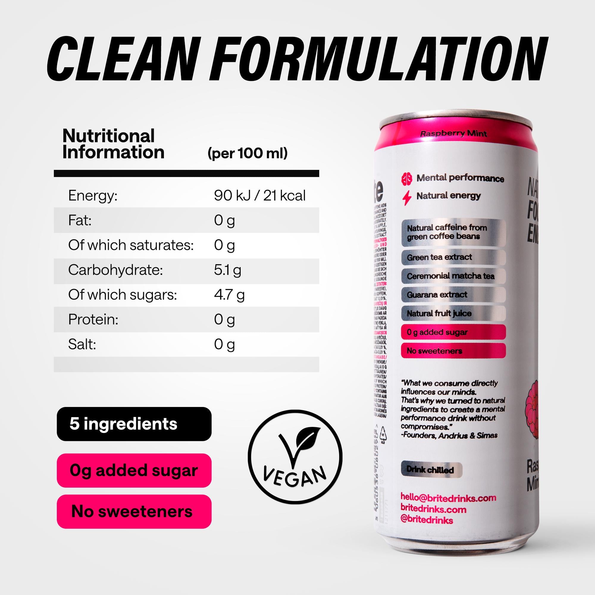 Brite energy drink sparkling raspberry mint 330ml - British product