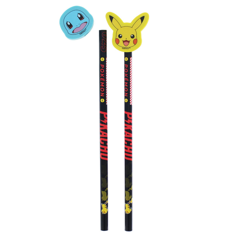 Pokémon set of 2 pencils with Pikachu and Squirtle erasers (British brand)