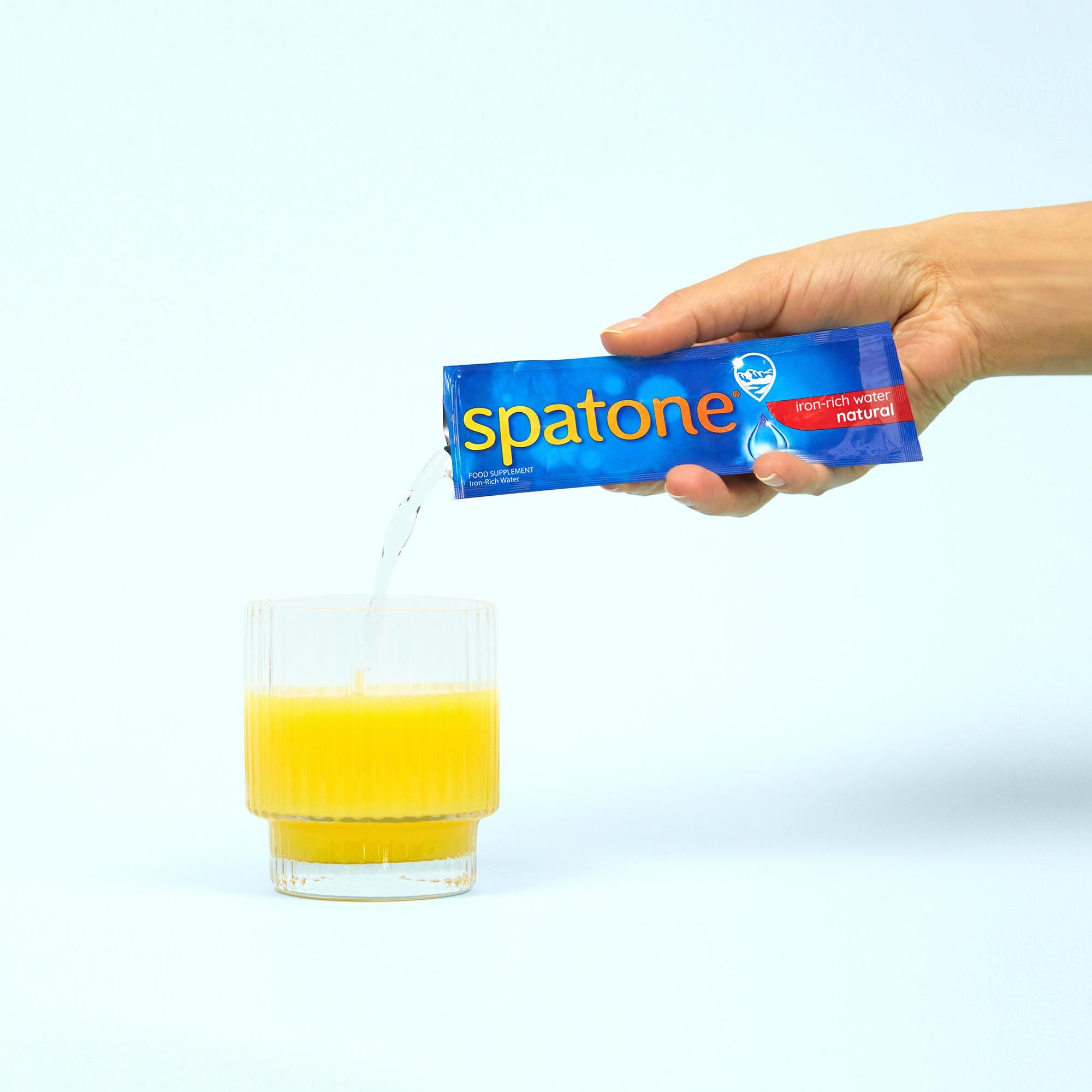 Spatone iron-rich water sachets 28-day supply, imported from the UK
