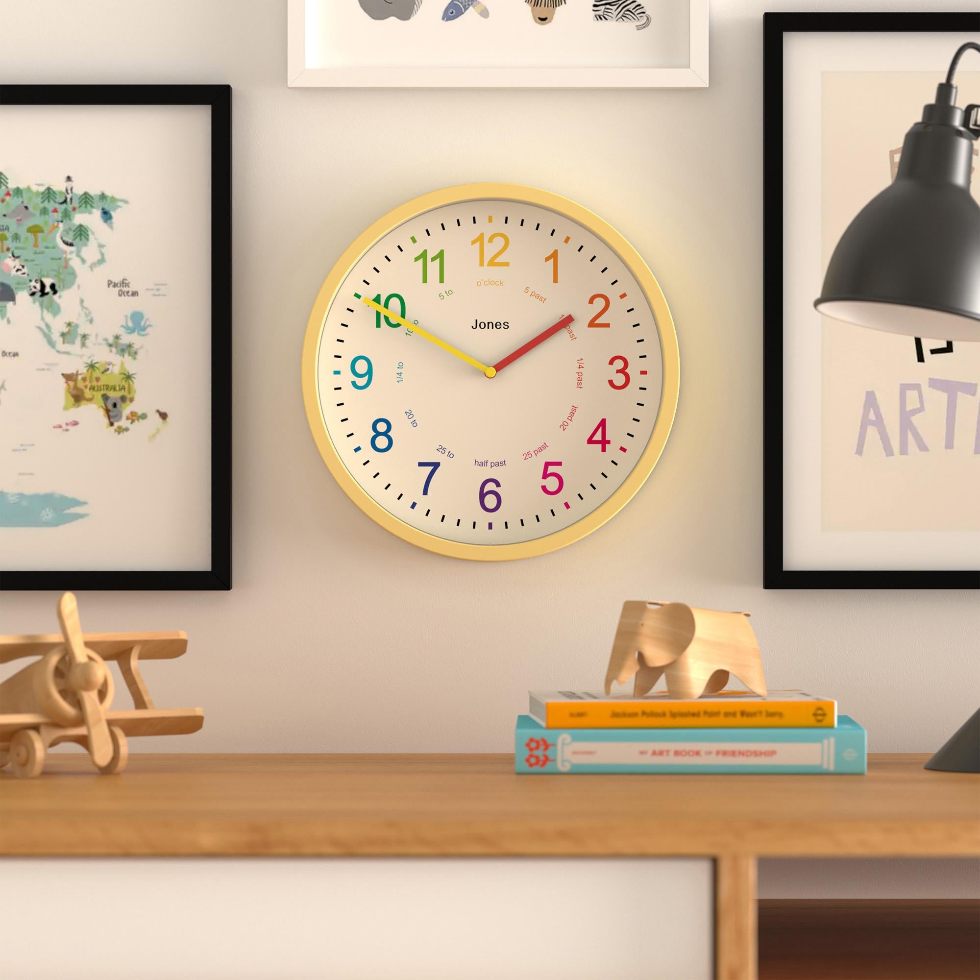 Jones Clocks kids analogue wall clock yellow, imported from the UK