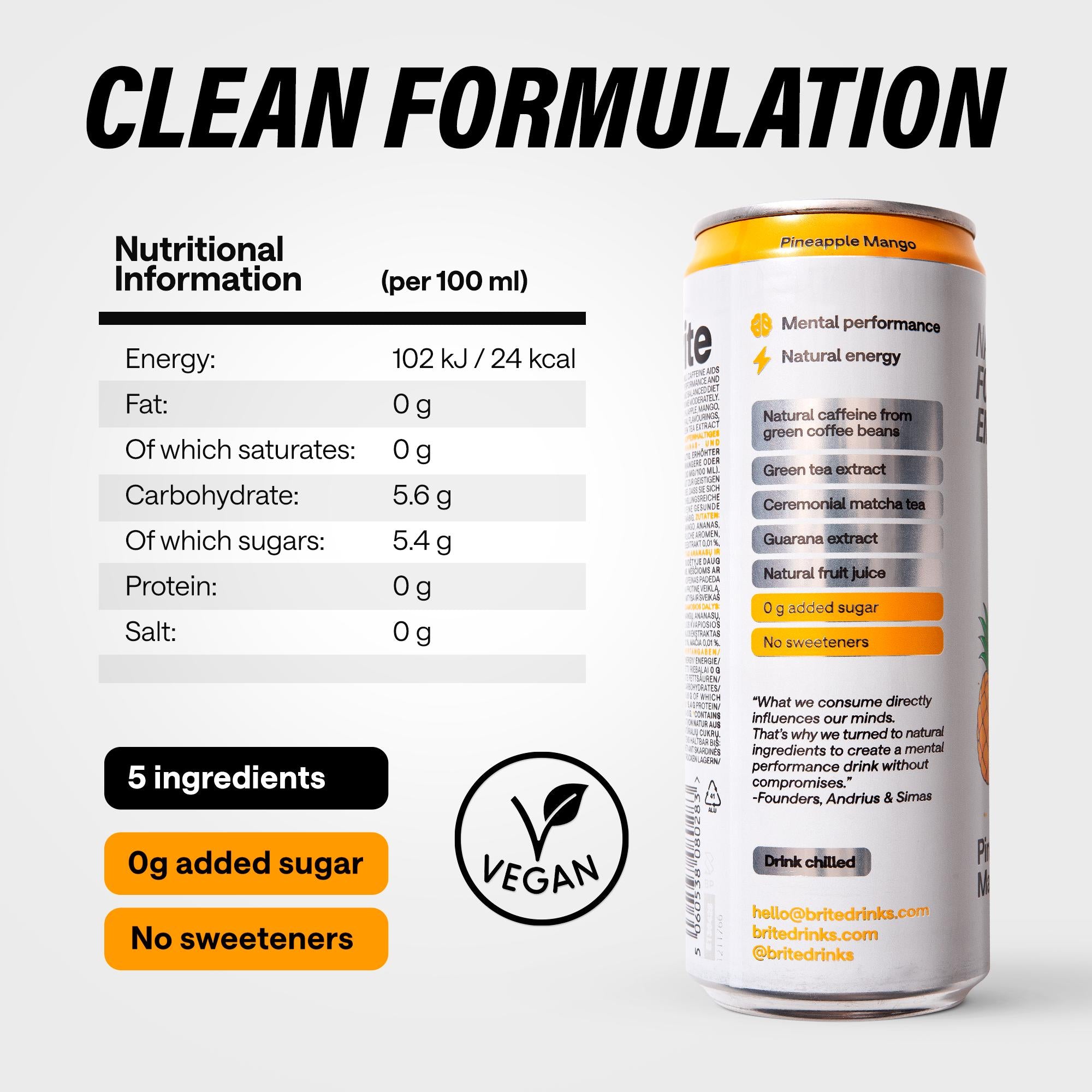 Brite energy drink Pineapple Mango 330ml, imported from the UK