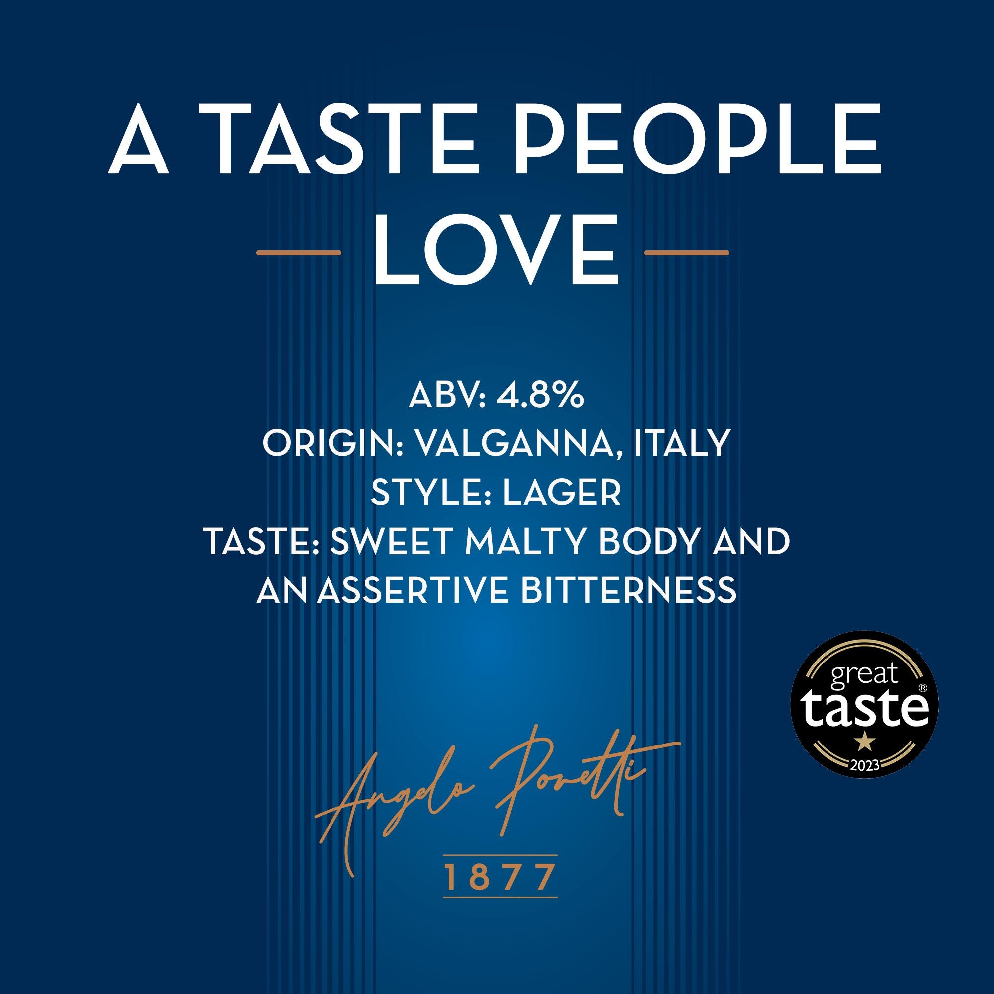 Angelo Poretti Italian lager 4x568ml cans, imported from the UK