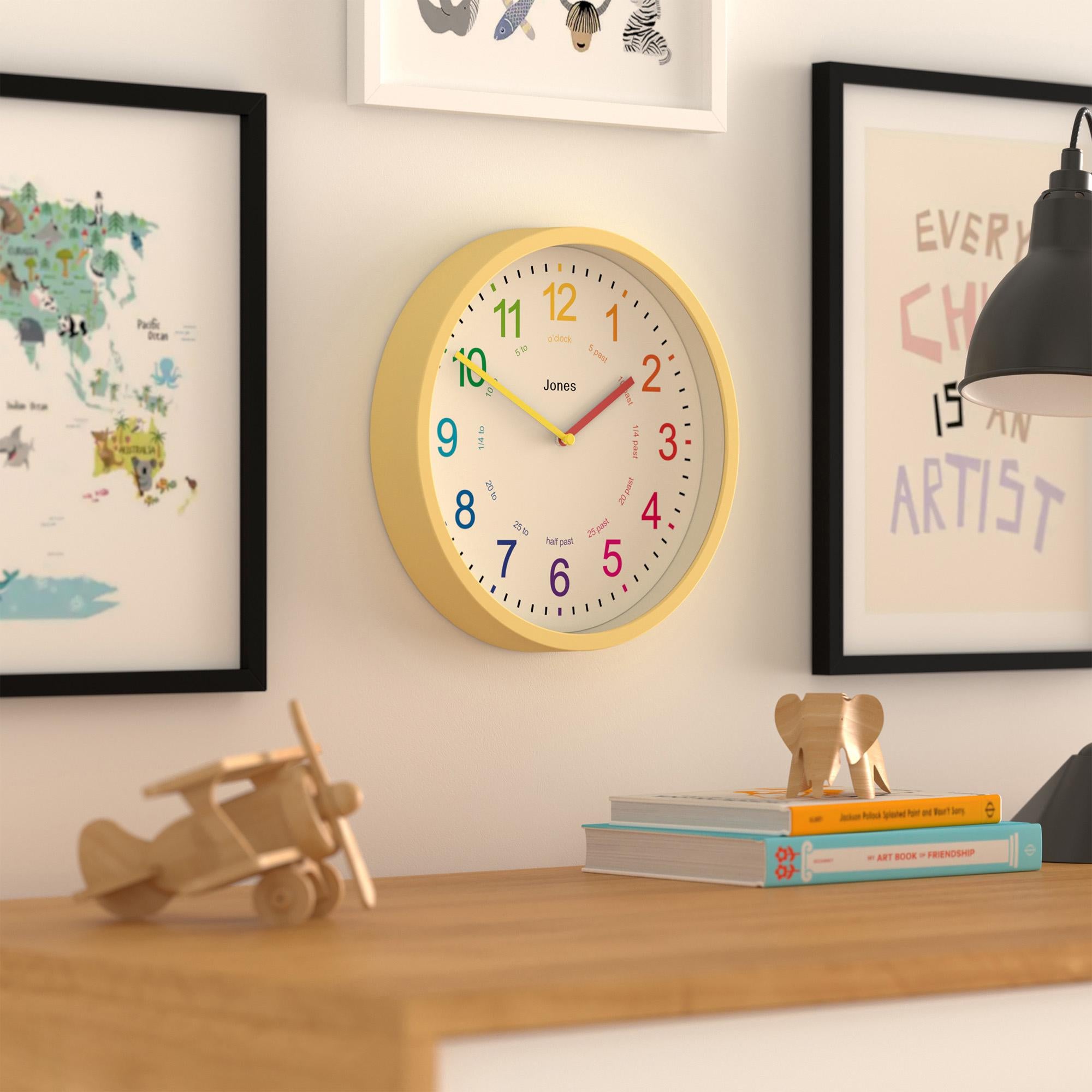 Jones Clocks kids analogue wall clock yellow, imported from the UK