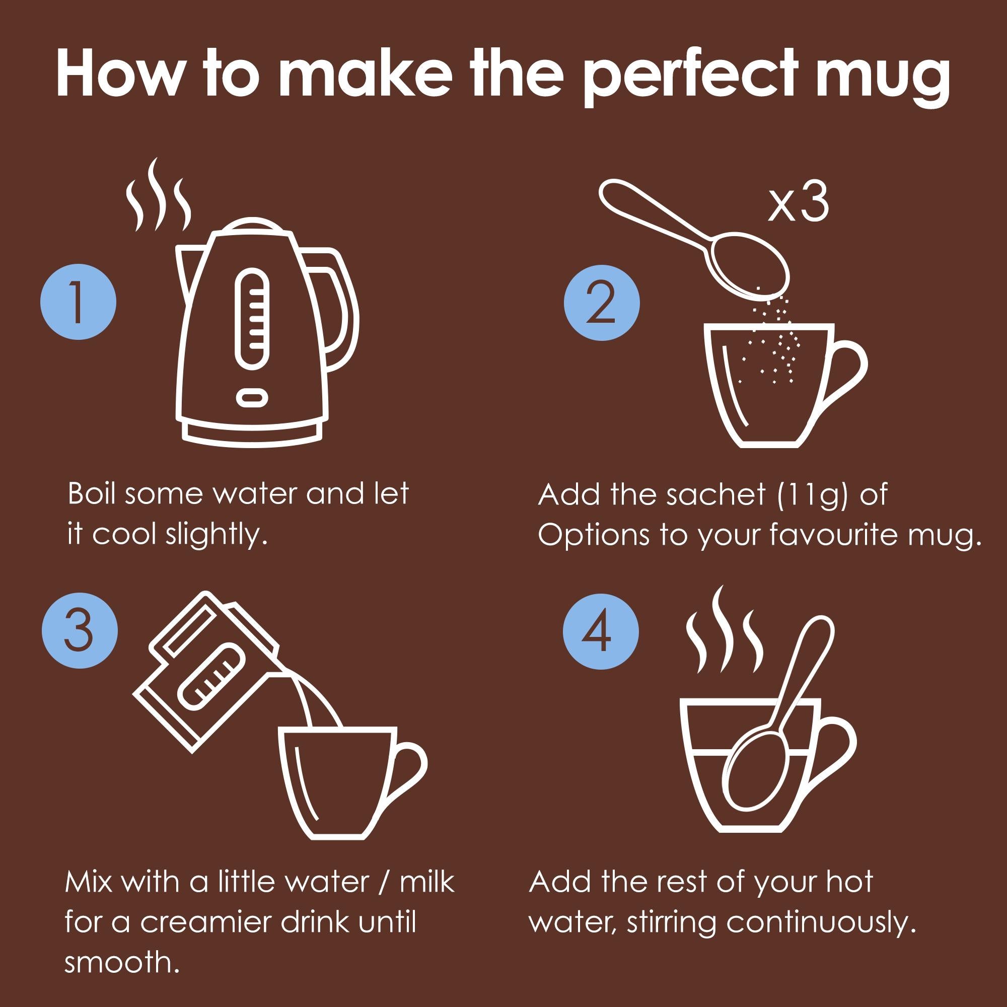 Options instant Belgian hot chocolate drink 11g, imported from the UK