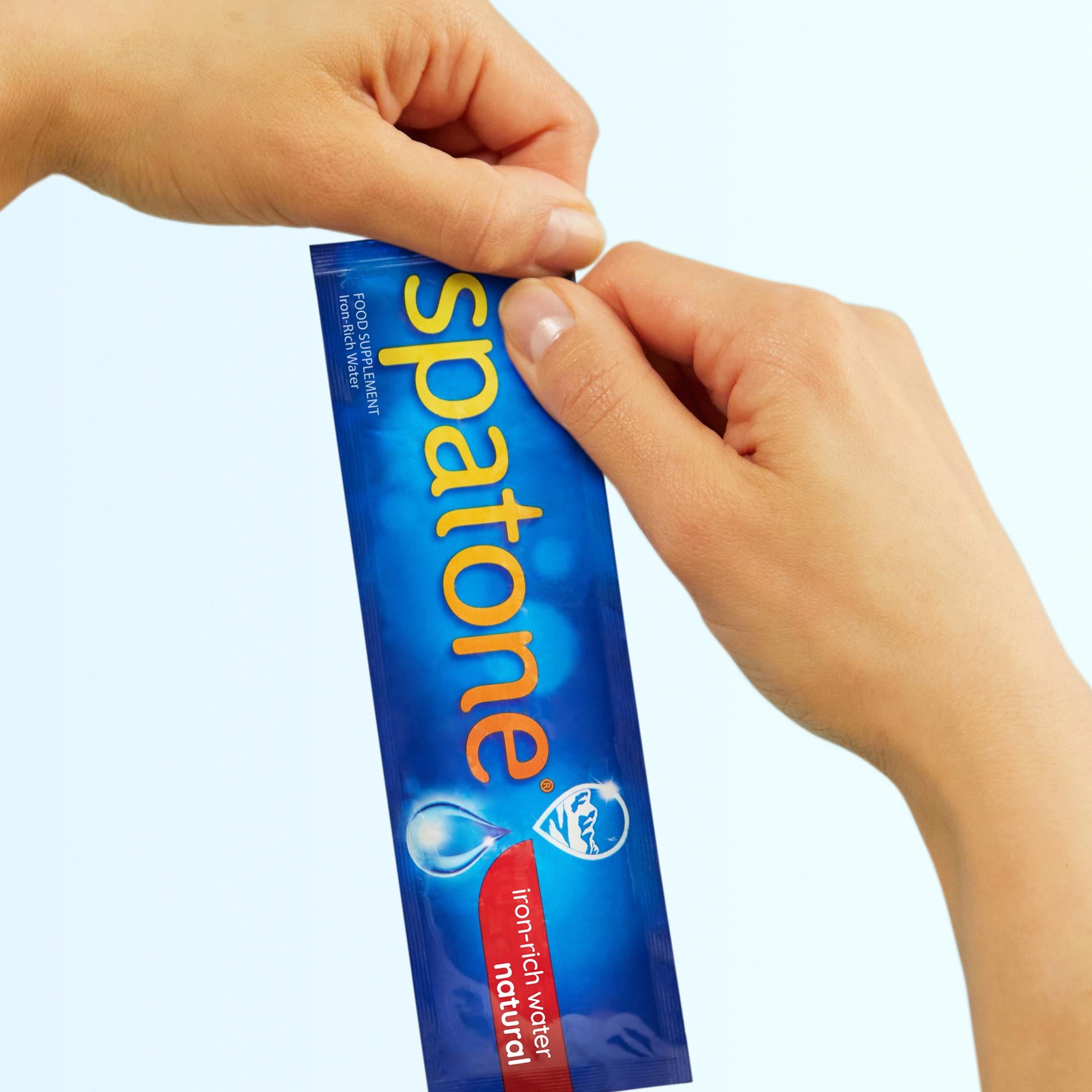Spatone iron-rich water sachets 28-day supply, imported from the UK