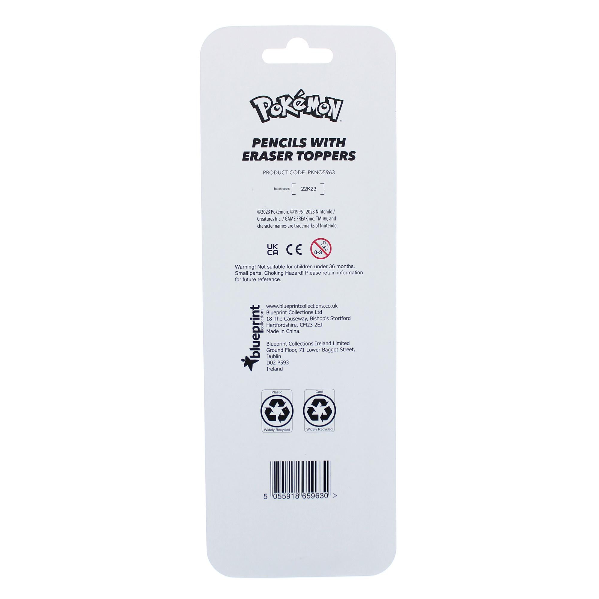 Pokémon set of 2 pencils with Pikachu and Squirtle erasers (British brand)