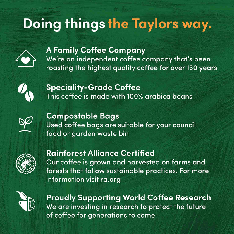 Taylors of Harrogate Rich Italian ground coffee bags 10-pack, imported from the UK