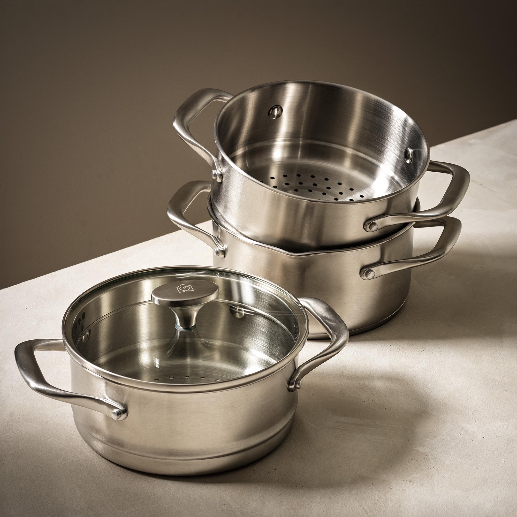 3-Tier Stainless Steel Steamer with Glass Lid, 18cm Diameter