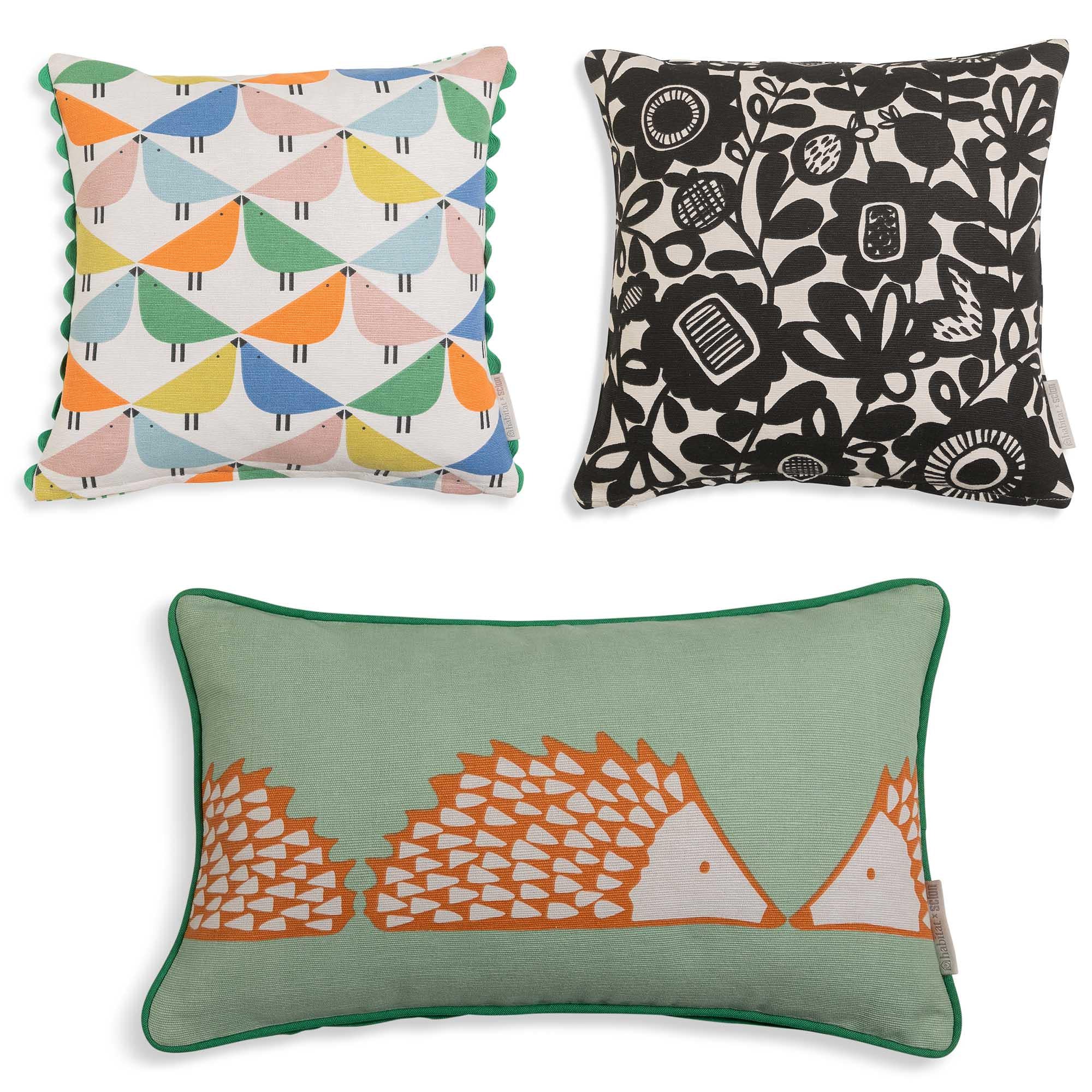Hedgehog Printed Cushion with Cotton Cover and Green Piping, 50x30cm