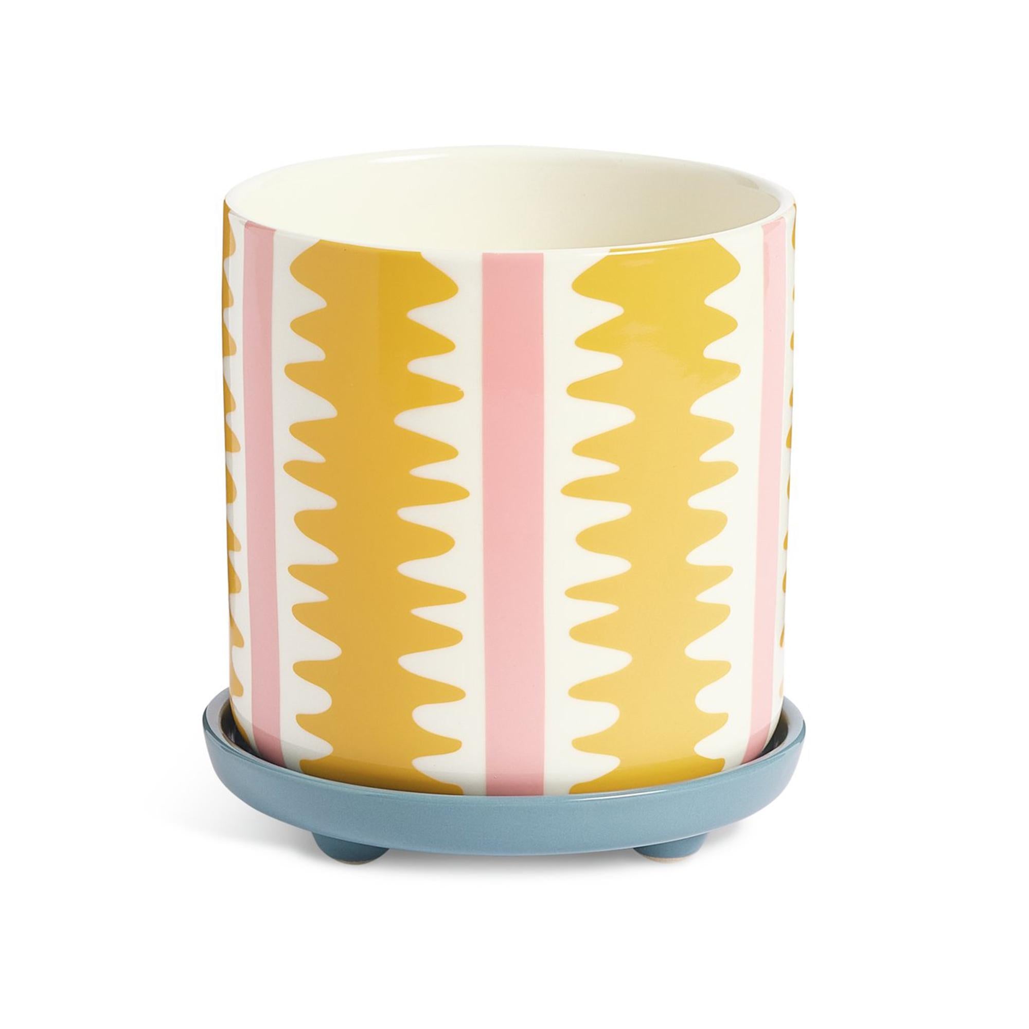 Habitat striped ceramic planter with saucer in yellow - British product
