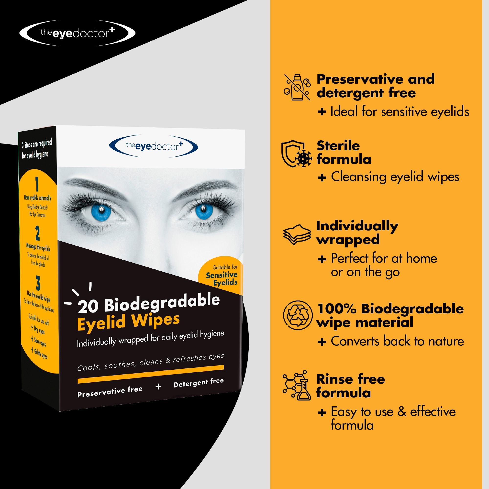 The Eye Doctor biodegradable eyelid wipes x20, UK version