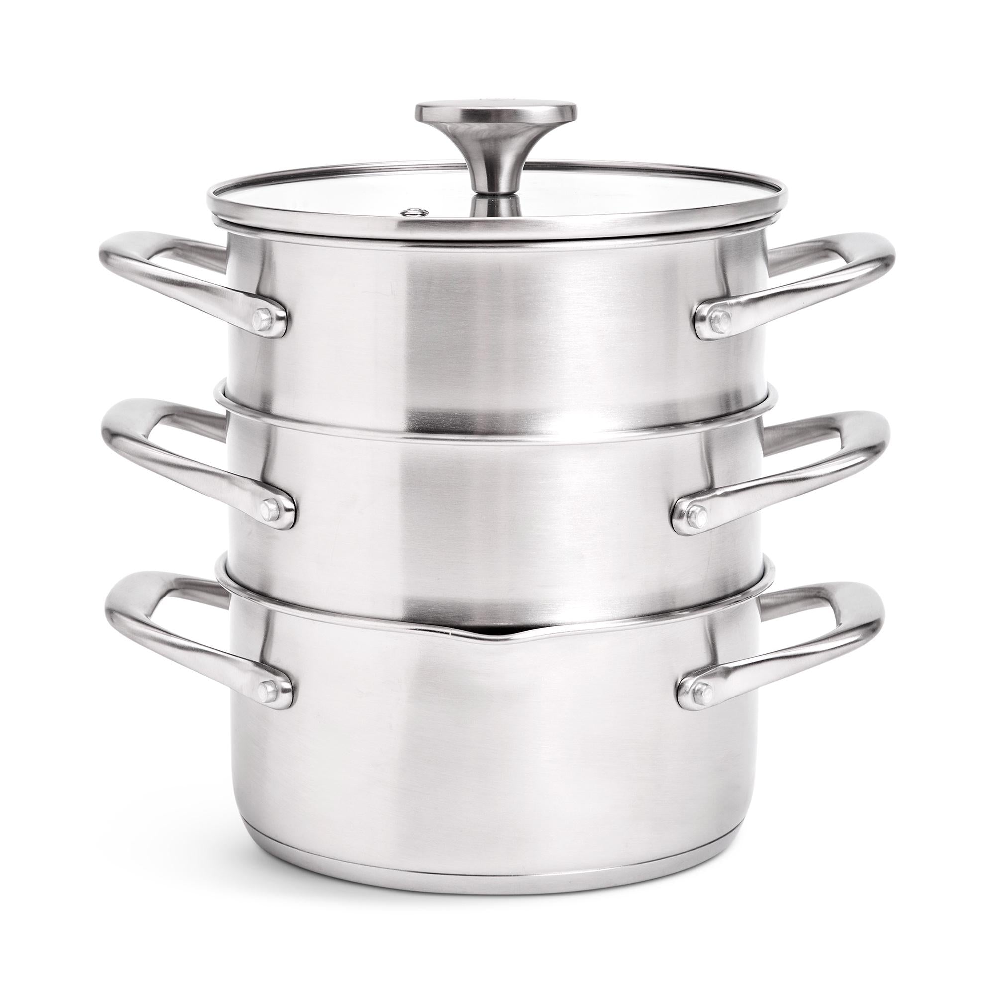 3-Tier Stainless Steel Steamer with Glass Lid, 18cm Diameter