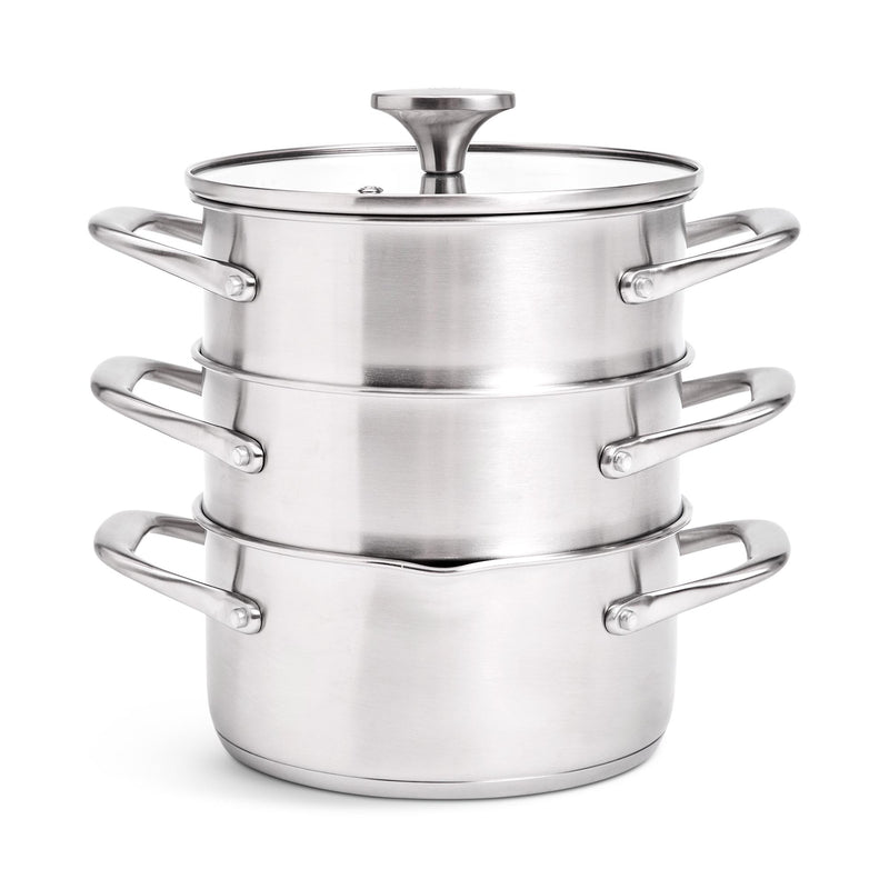 3-Tier Stainless Steel Steamer with Glass Lid, 18cm Diameter