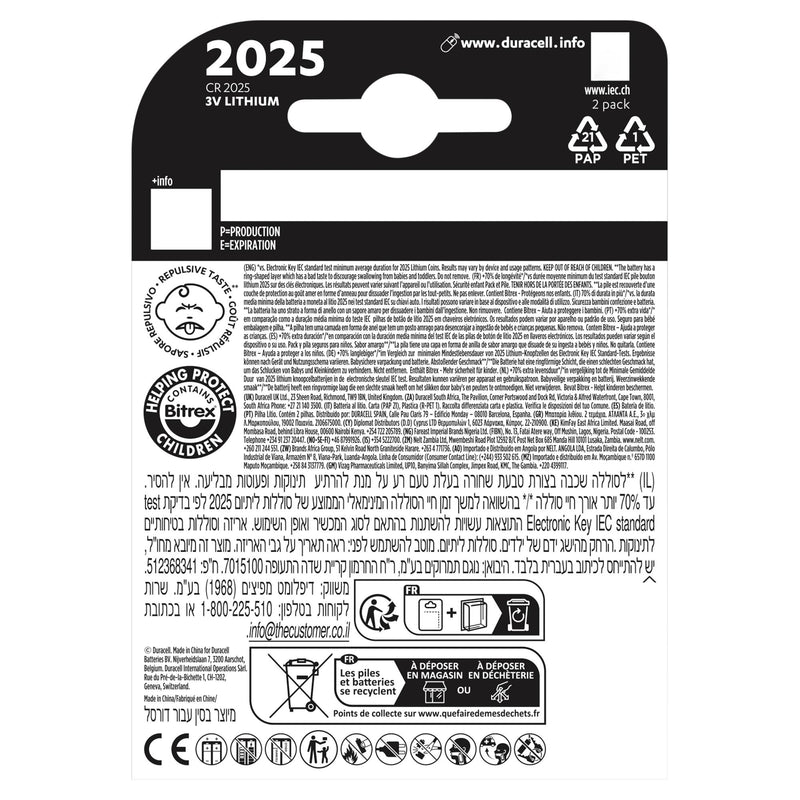 Duracell CR2025 lithium coin battery pack of 2 - British product
