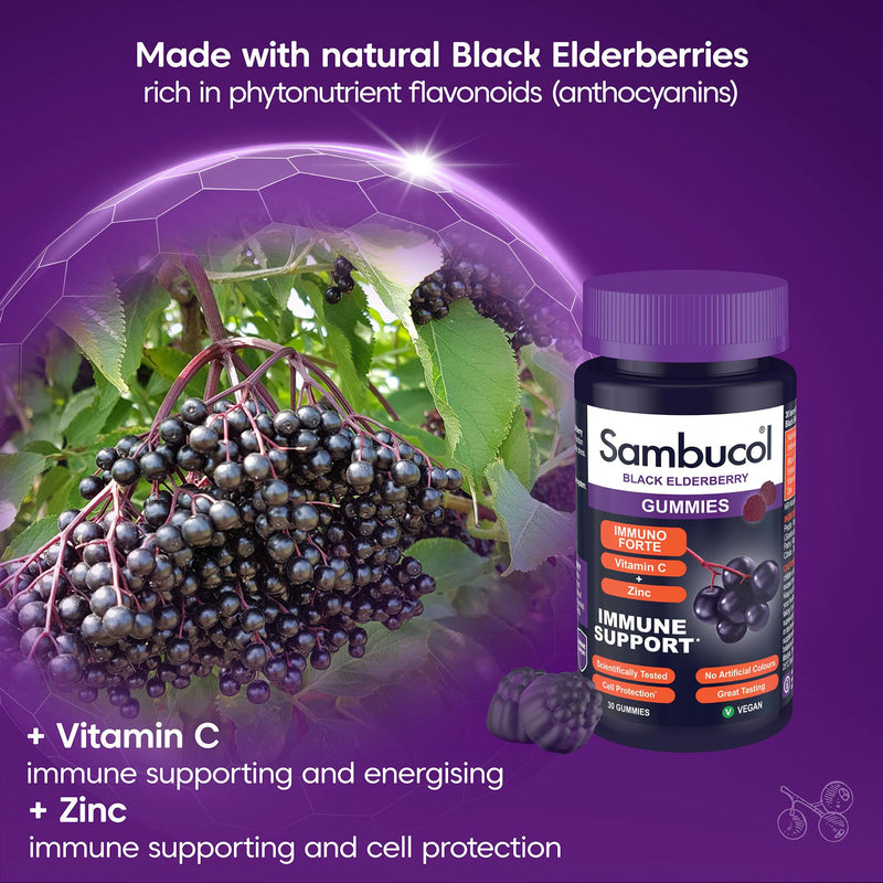 Sambucol Immuno Forte black elderberry gummies 30 count, imported from the UK