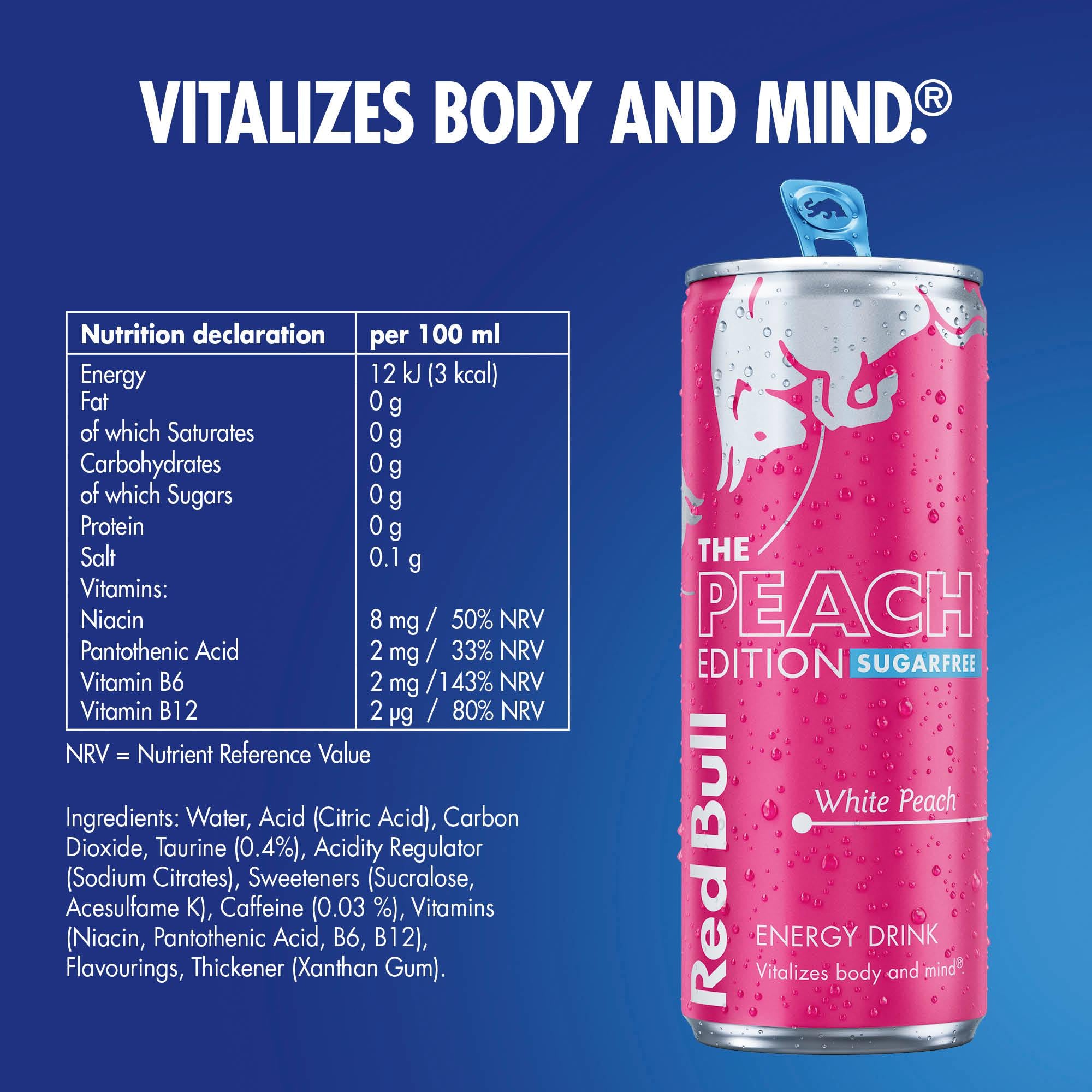 Red Bull White Peach Sugar Free energy drink 473ml - British product