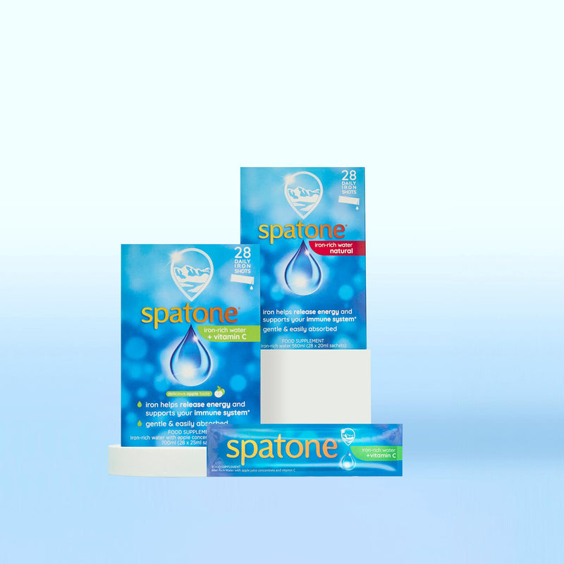 Spatone iron-rich water sachets 28-day supply, imported from the UK