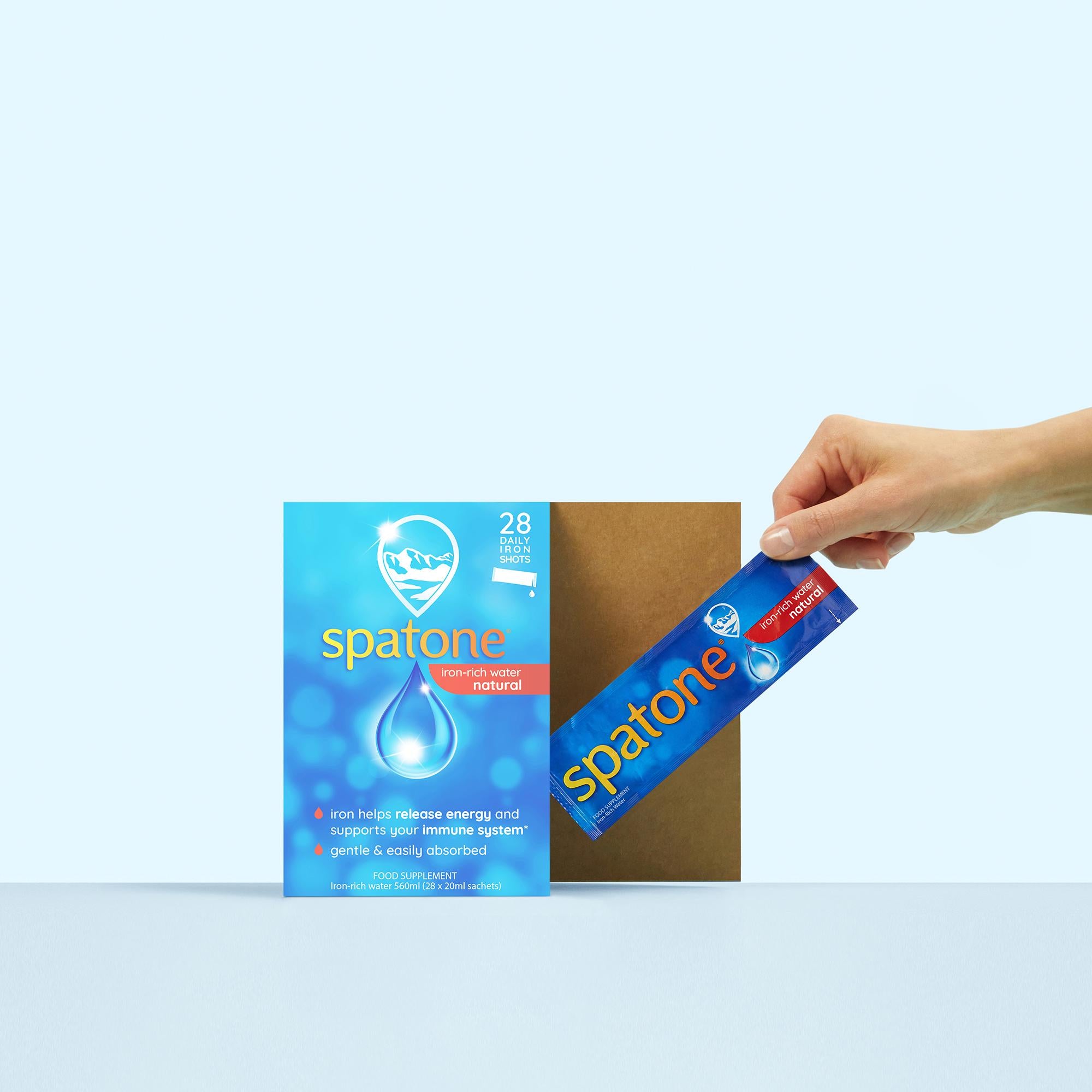Spatone iron-rich water sachets 28-day supply, imported from the UK
