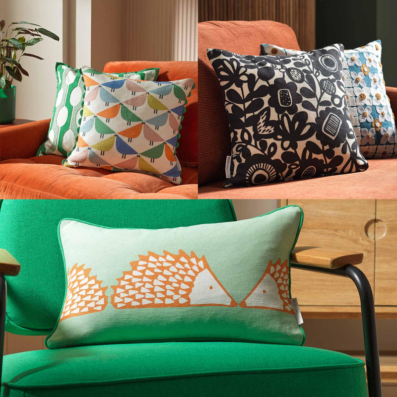 Hedgehog Printed Cushion with Cotton Cover and Green Piping, 50x30cm
