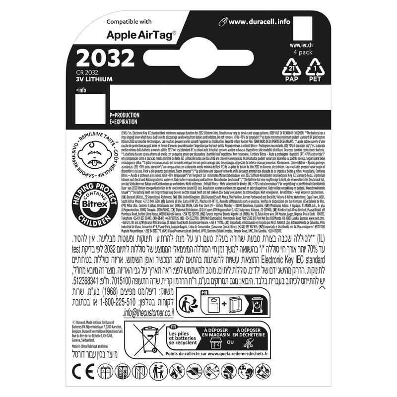 Duracell CR2032 Lithium Coin Battery 3V Pack of 4 - British product