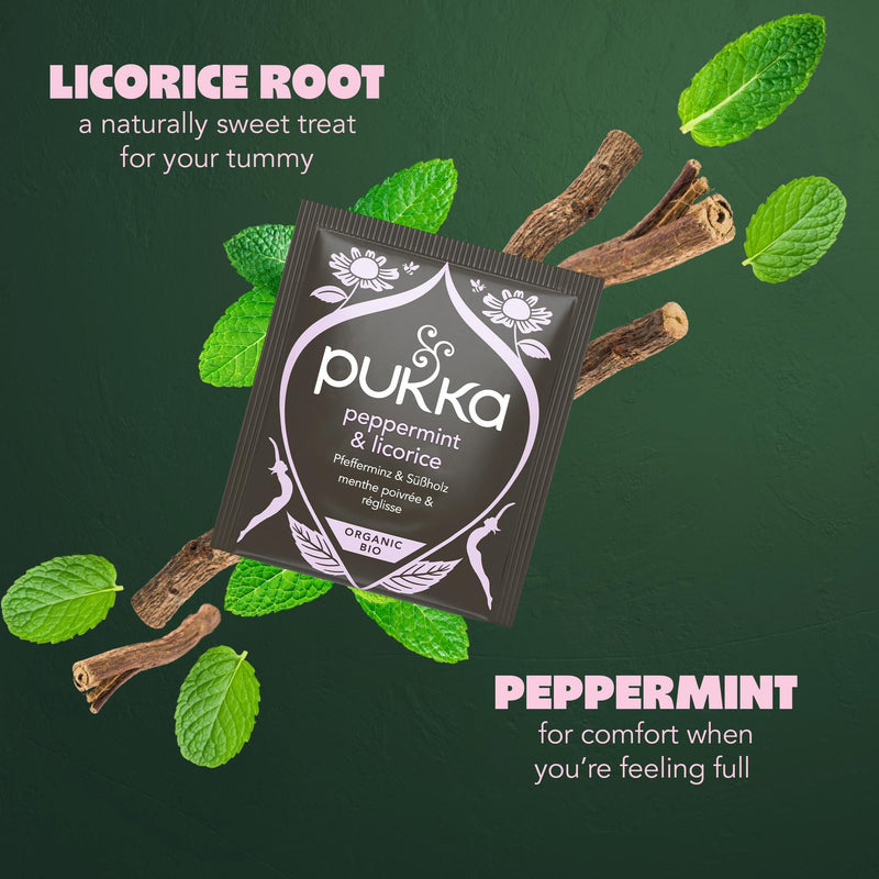 Pukka organic herbal tea Peppermint & Licorice 20 bags, imported from the UK