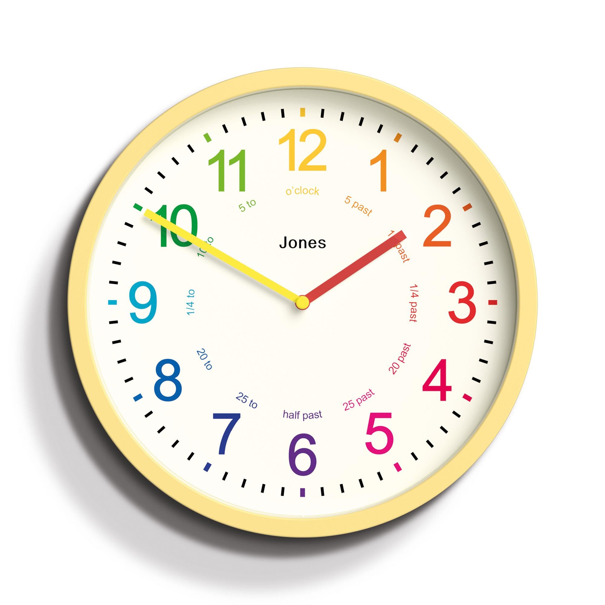 Jones Clocks kids analogue wall clock yellow, imported from the UK