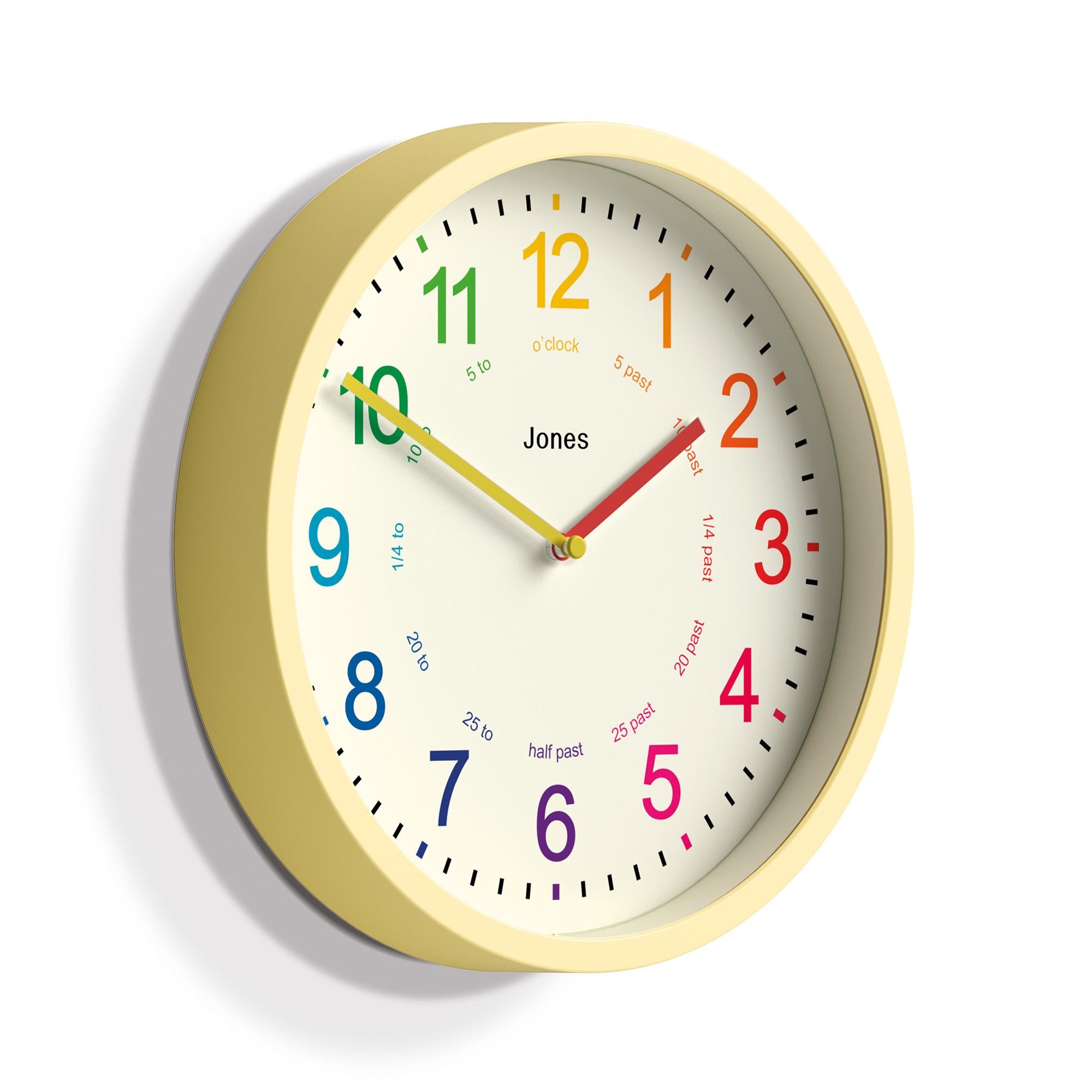 Jones Clocks kids analogue wall clock yellow, imported from the UK