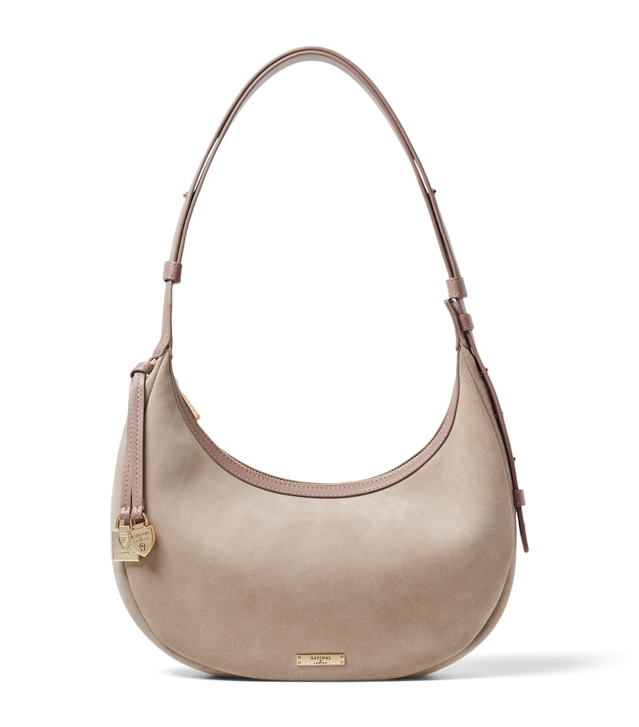 Aspinal of London small Soho Crescent suede shoulder bag, UK version